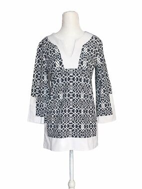 Jude Connally Holly Tunic Small Black White Geometric Jude Cloth 3/4 Sleeve